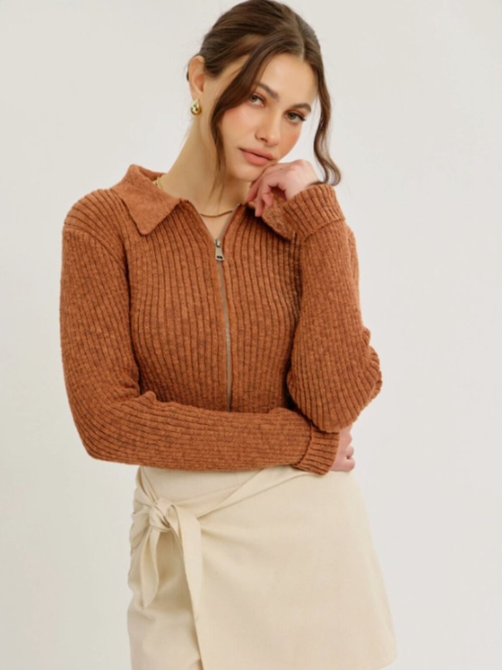 dem Ditto Rust Cropped Zip Front Ribbed Knit Collared Sweater Top NWT #D60